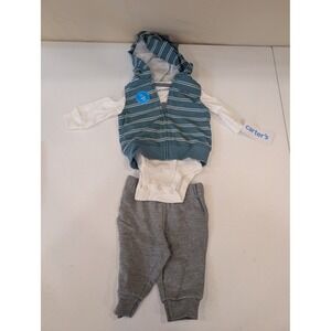 Carters Baby 3M 3-Piece Set Blue Striped Hoodie Bodysuit Pants‎ Outfit NWT